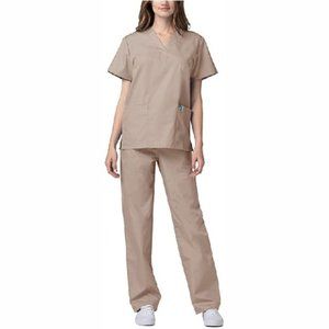 Khaki 2-Pocket Scrub 2pc Set Unisex Scrubs Combo